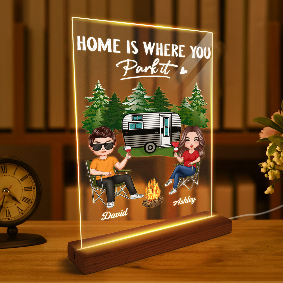 Doll Couple Camping Personalized Rectangle Acrylic Plaque LED Lamp Night Light