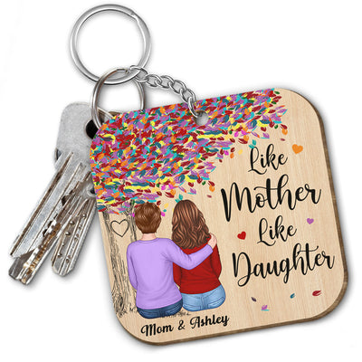 Colorful Tree Back View Mom Hugging Daughter Personalized Wooden Keychain