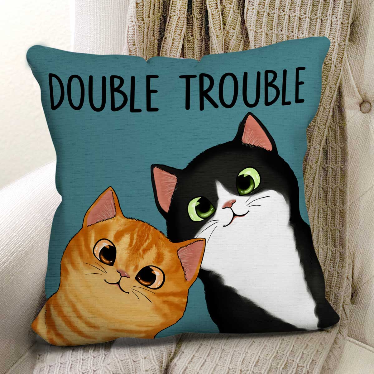 Peeking Fluffy Cat Double Trouble Personalized Pillow