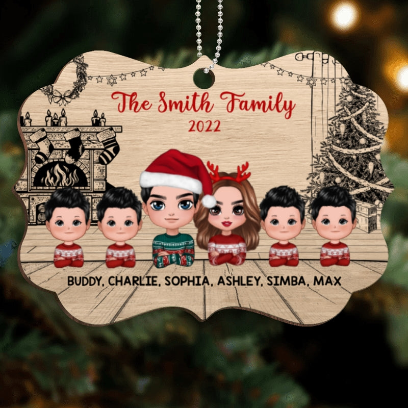 Christmas Sketch Background Family Dad Mom Kids Dogs Cats Personalized Wooden Ornament