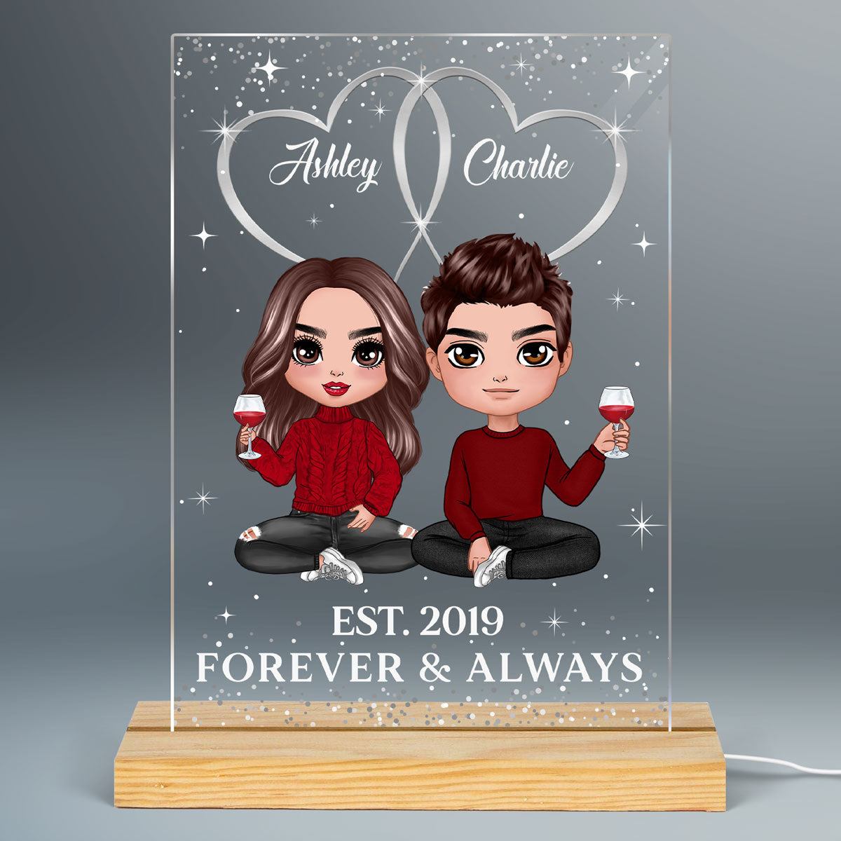 Double Hearts Doll Couple Sitting Personalized Rectangle Acrylic Plaque LED Lamp Night Light
