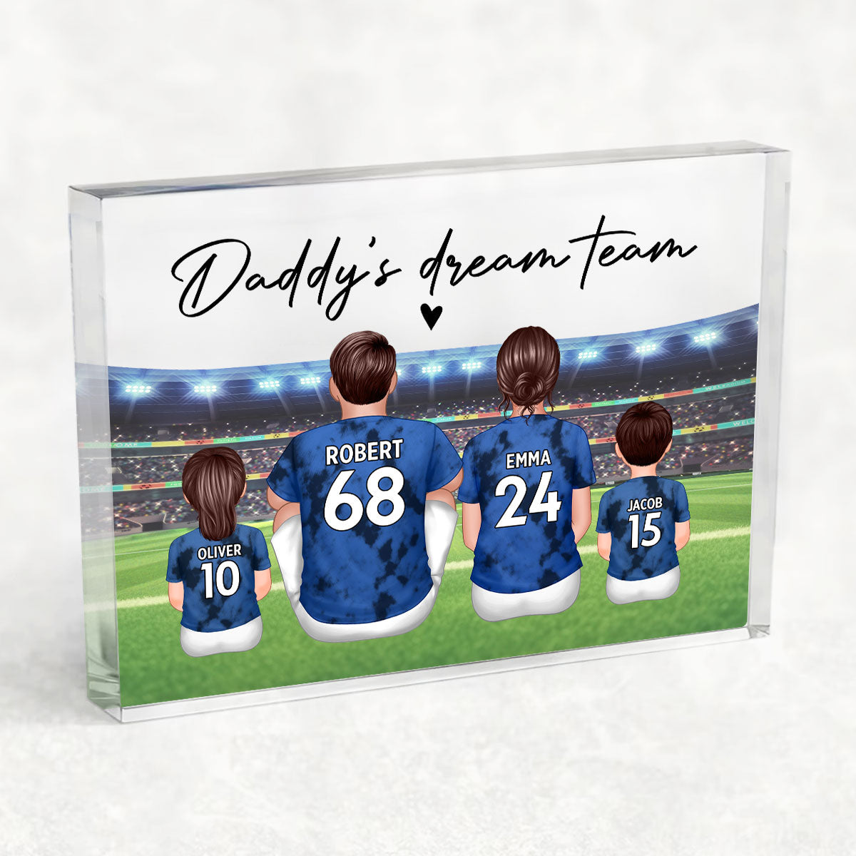 Daddy's Team Soccer Family Sitting Back View Personalized Acrylic Block, Father's Day Gift