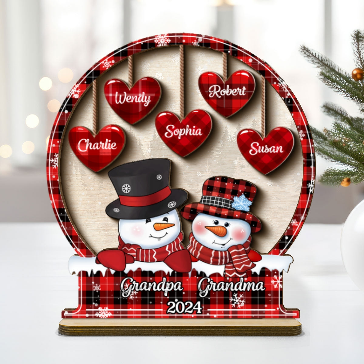 Snowman Papa Nana Dad Mom Heart Kids In Snowball Personalized 2-Layer Standing Wooden Plaque, Christmas Tiered Tray Decor