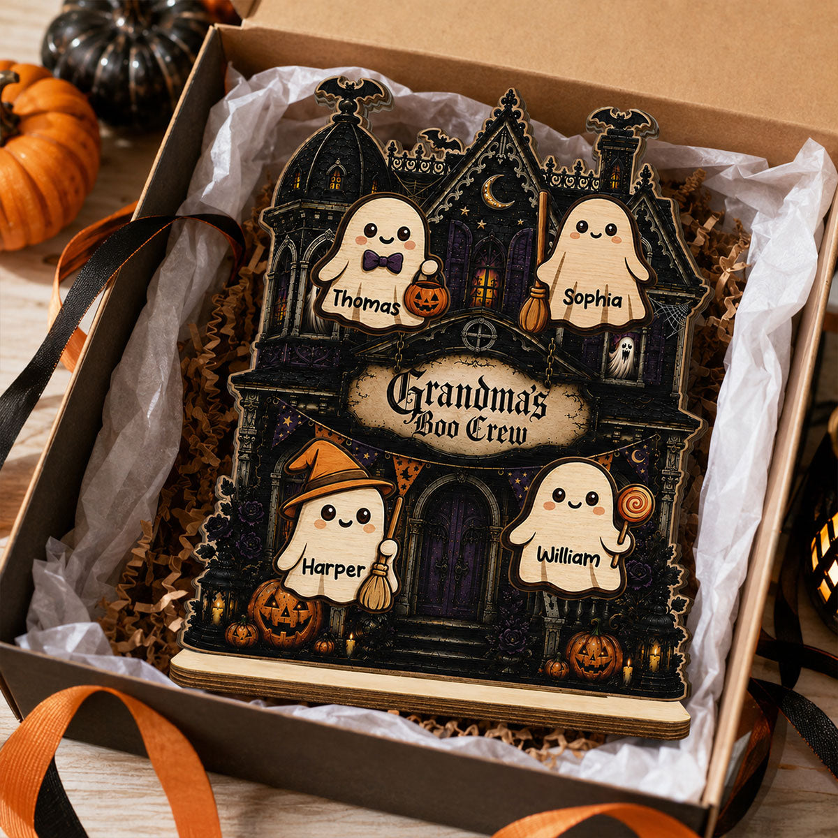 Grandma's Boo Crew Haunted House - Personalized 2-Layered Wooden Plaque - Halloween Decor For Grandma