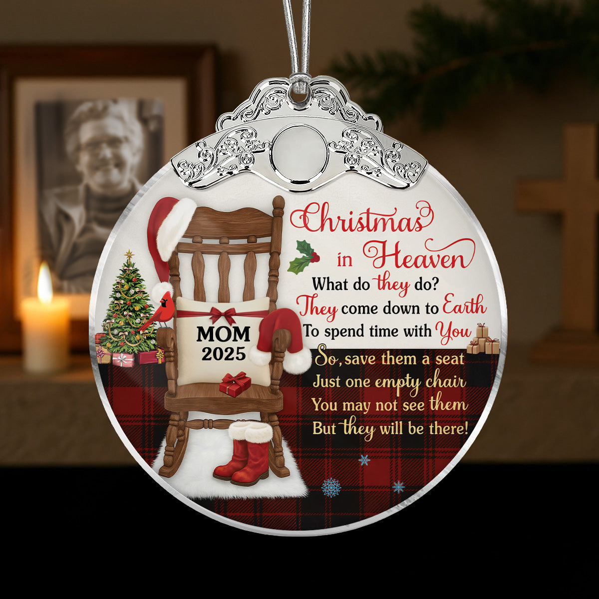 Christmas In Heaven Checkered Theme - Personalized Glass Ornament With Silver Cap - Christmas Memorial Keepsake For Family
