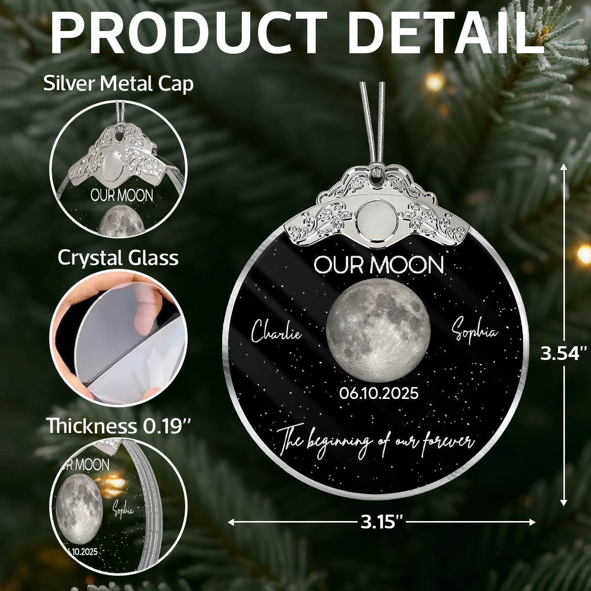 Custom Moon Phase Couple Anniversary Date The Beginning Of Our Forever - Personalized Glass Ornament With Silver Cap