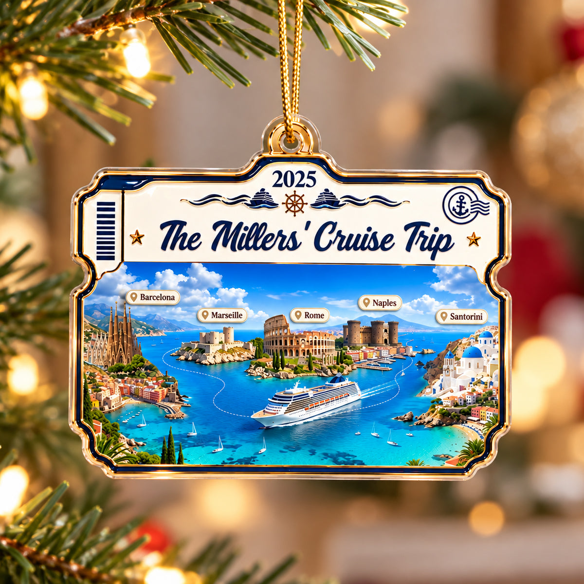 Cruise Destinations Cruise Ticket Frame 2D Flat Printed - Personalized Acrylic Ornament - Cruise Trip Keepsake, Christmas Tree Decor For Family, Couples