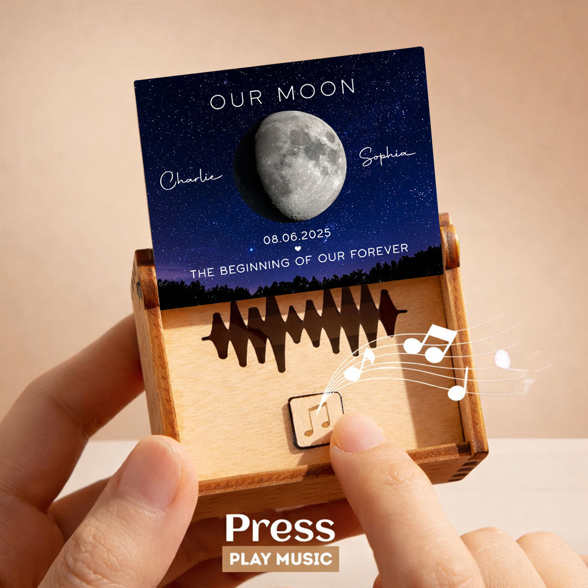 Our Moon Custom Moon Phase & Favorite Song - Personalized Wooden Music Box - Valentine's Day Gift For Him, Gift For Her