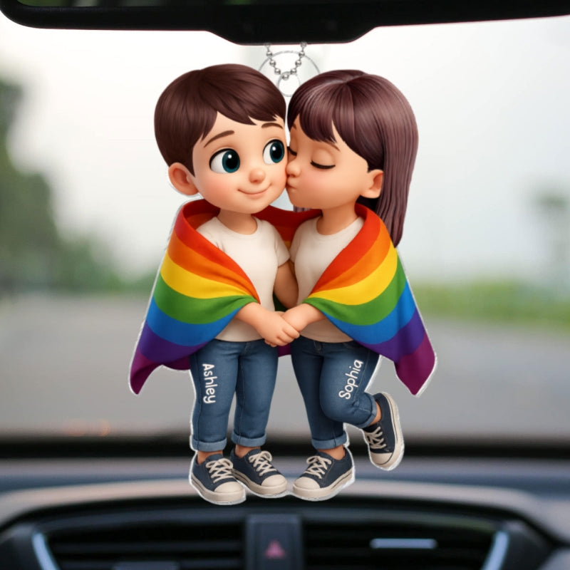 Pride Month LGBTQ+ Couple Love Is Love Personalized Acrylic Car Hanger, Gift For Couple
