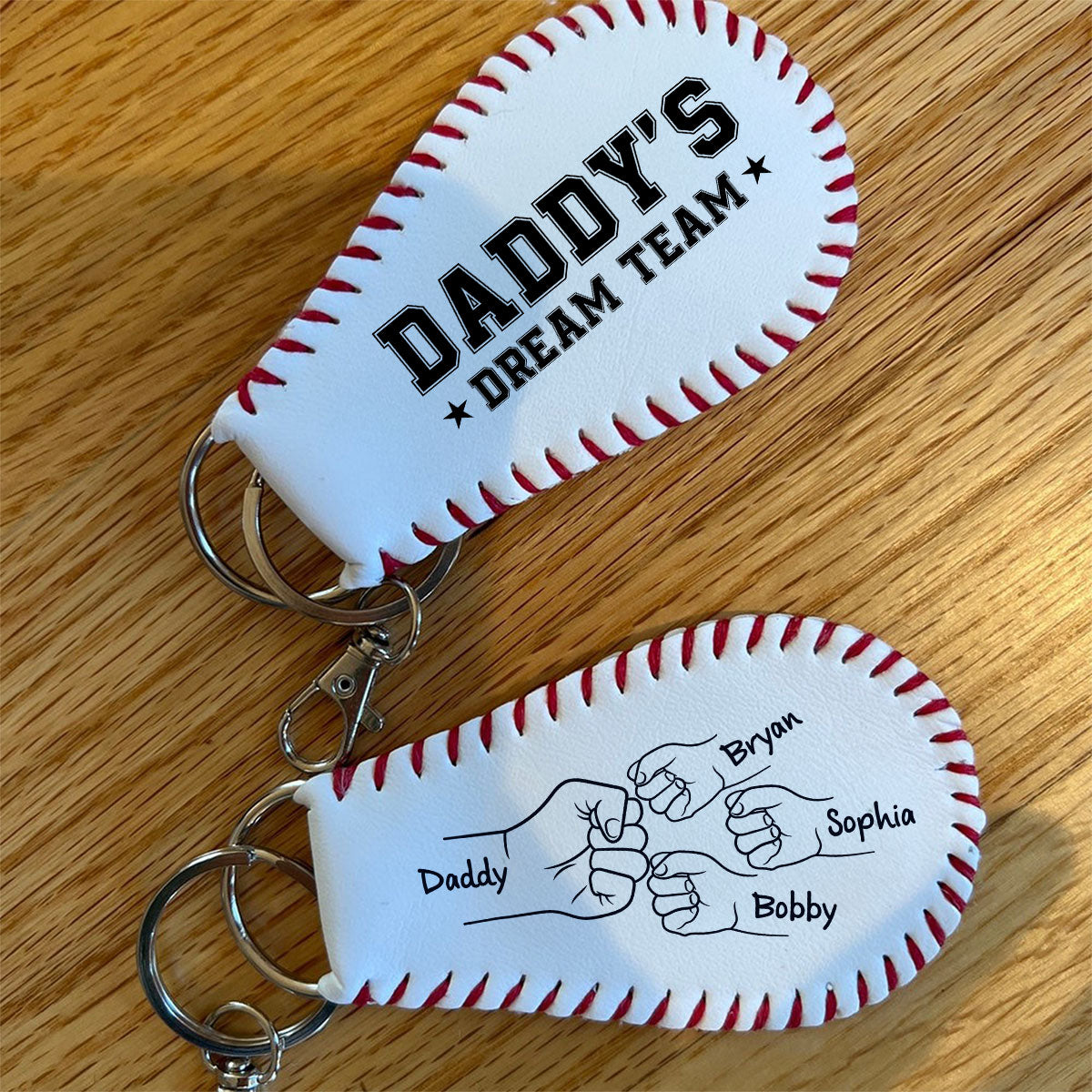 Baseball Family Team Daddy's Team Fist Bumps Personalized Baseball Leather Keychain