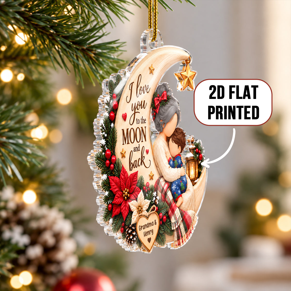 Grandma Loves Grandkid to the Moon and Back - Personalized Acrylic Ornament - Christmas Gift for Granddaughter, Grandson, Grandma