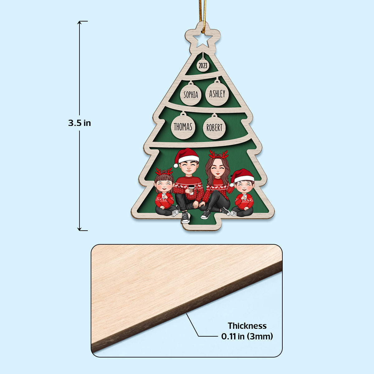Family Sitting Christmas Tree Bauble Personalized Wooden Ornament
