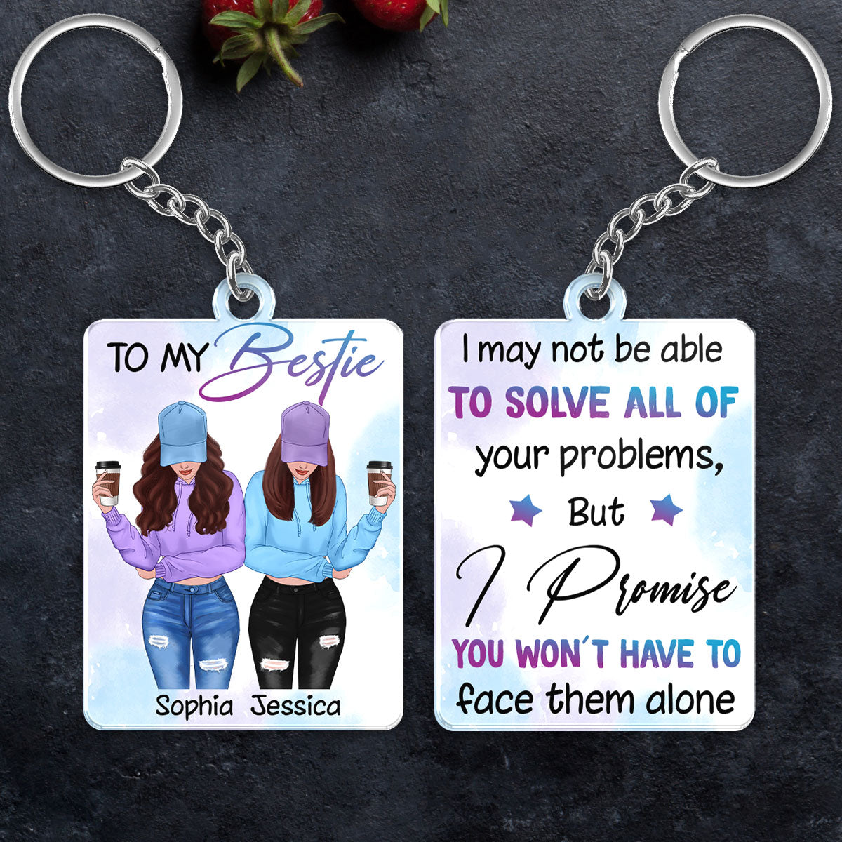 Front View Besties To My Bestie Watercolor Personalized Acrylic Keychain