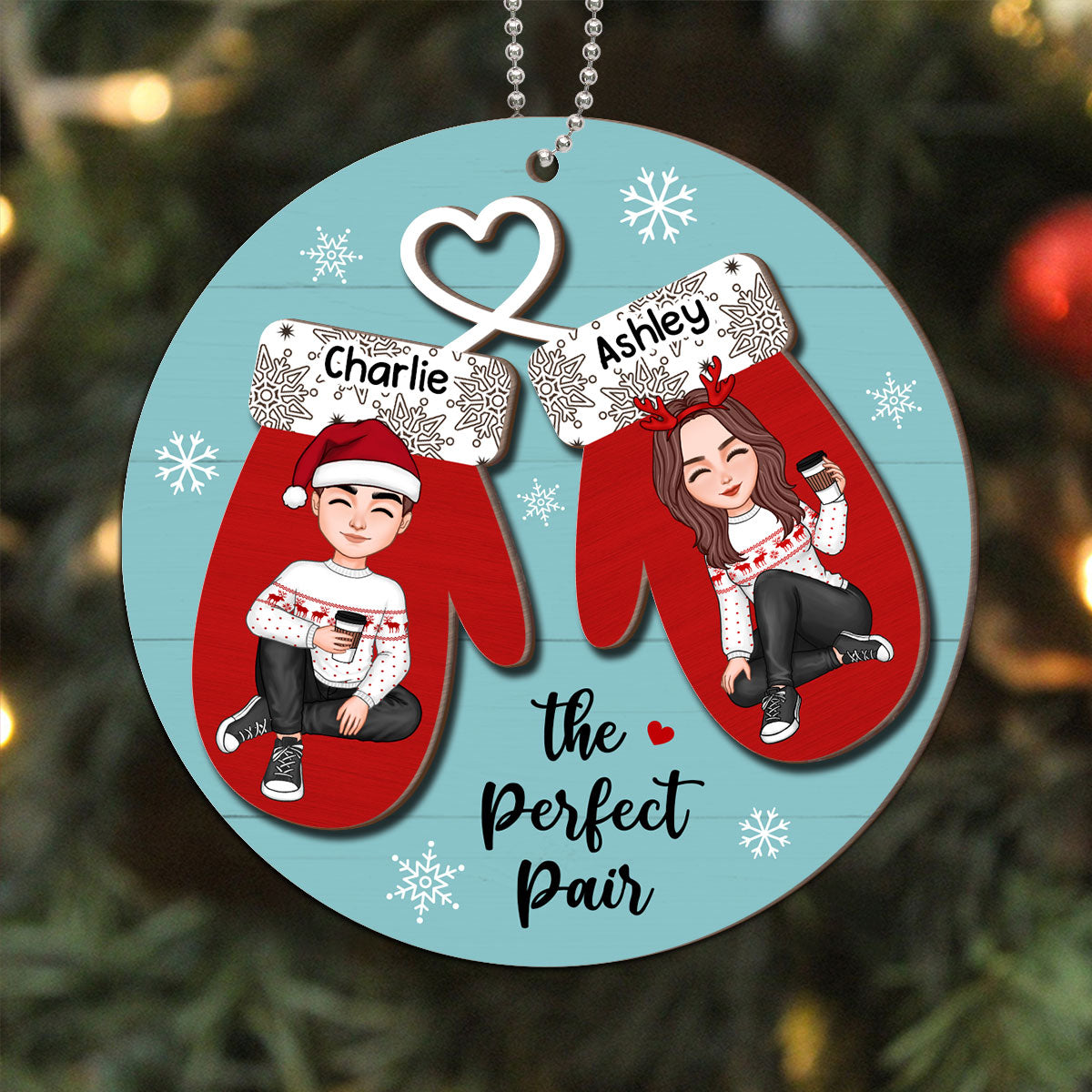 Perfect Pair Happy Christmas Couple Personalized 2-Layer Wooden Ornament