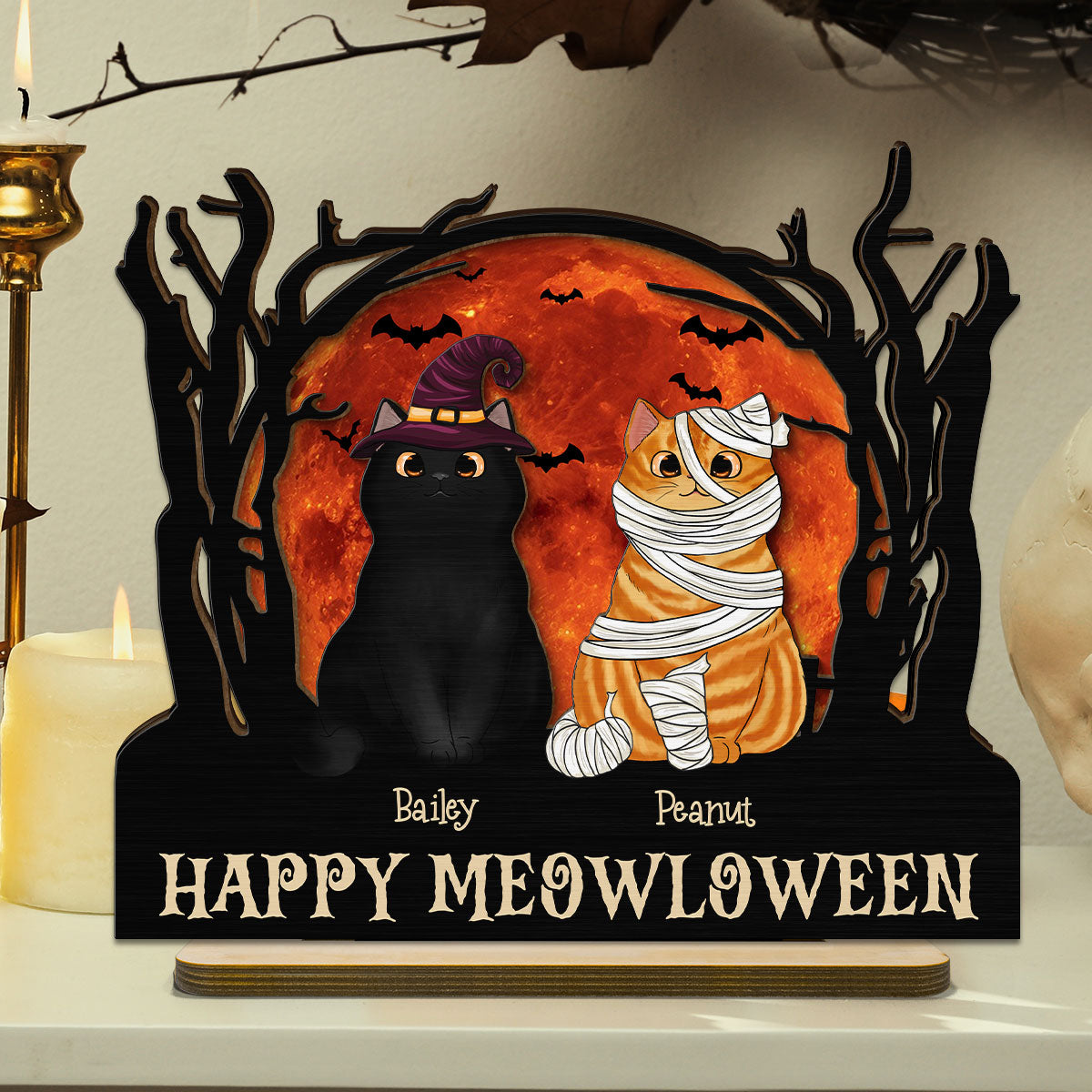 Stay Spooky Halloween Moon Scene Cat Lover Tabletop Tier Tray Decor Personalized 2-Layer Standing Wooden Plaque