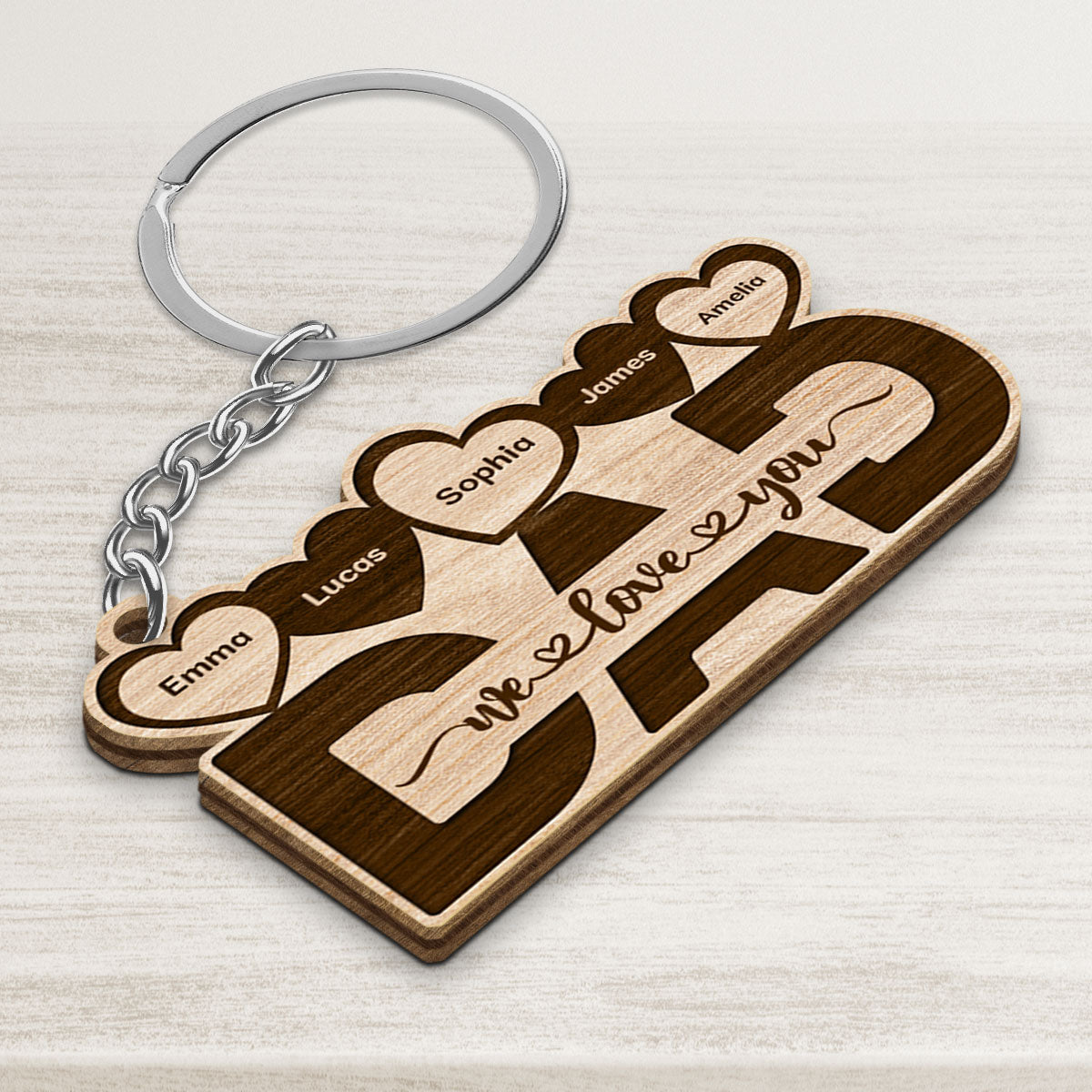 Dad We Love You Hearts Personalized Wooden Keychain