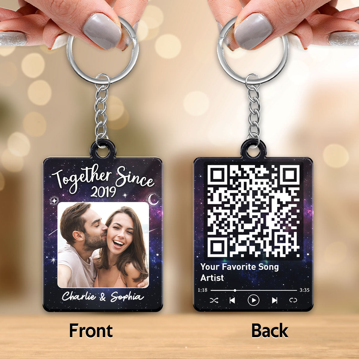Couple Custom Photo Galaxy Night Favorite Song Scannable QR Code Personalized Acrylic Keychain