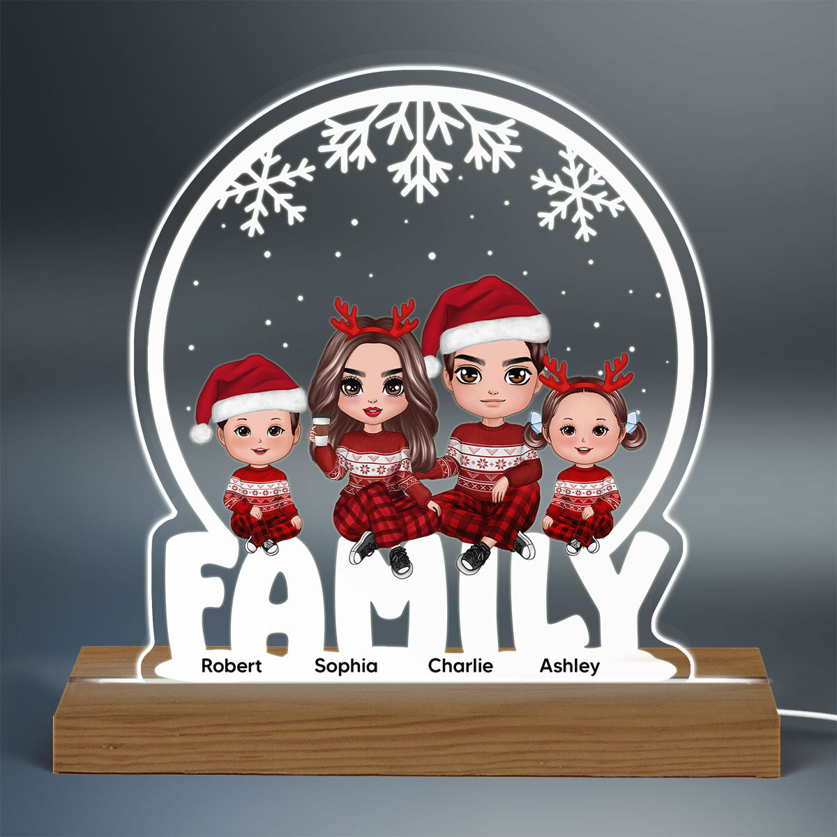 Doll Family Sitting Snow Globe Personalized Acrylic Custom Shape LED Night Light