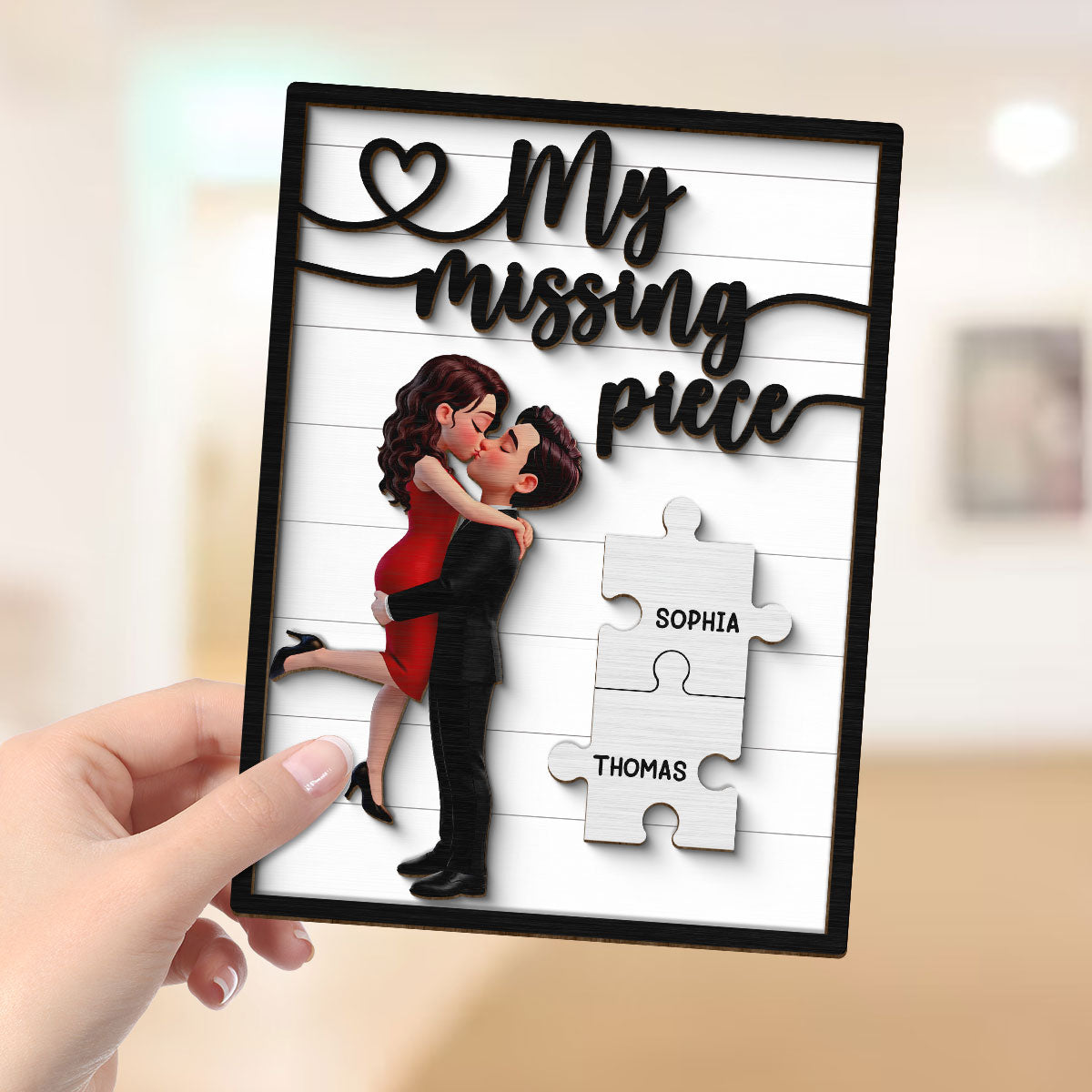 Couple Hugging Kissing Eternal Love You Are My Missing Piece - Personalized 2-Layered Wooden Plaque - Heartfelt Valentine's Day Gift, Anniversary Gift For Couple