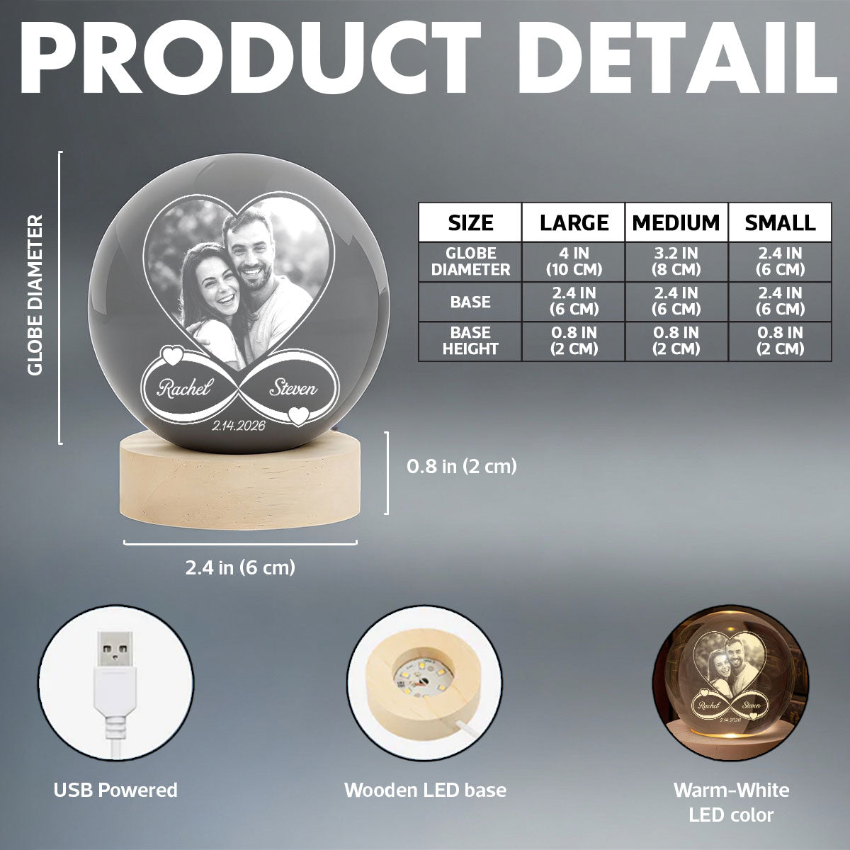 Eternal Love Custom Couple Photo Inside Infinity Heart - Personalized Crystal Ball LED Night Light - Valentine's Day Gift For Couple, For Her, For Him