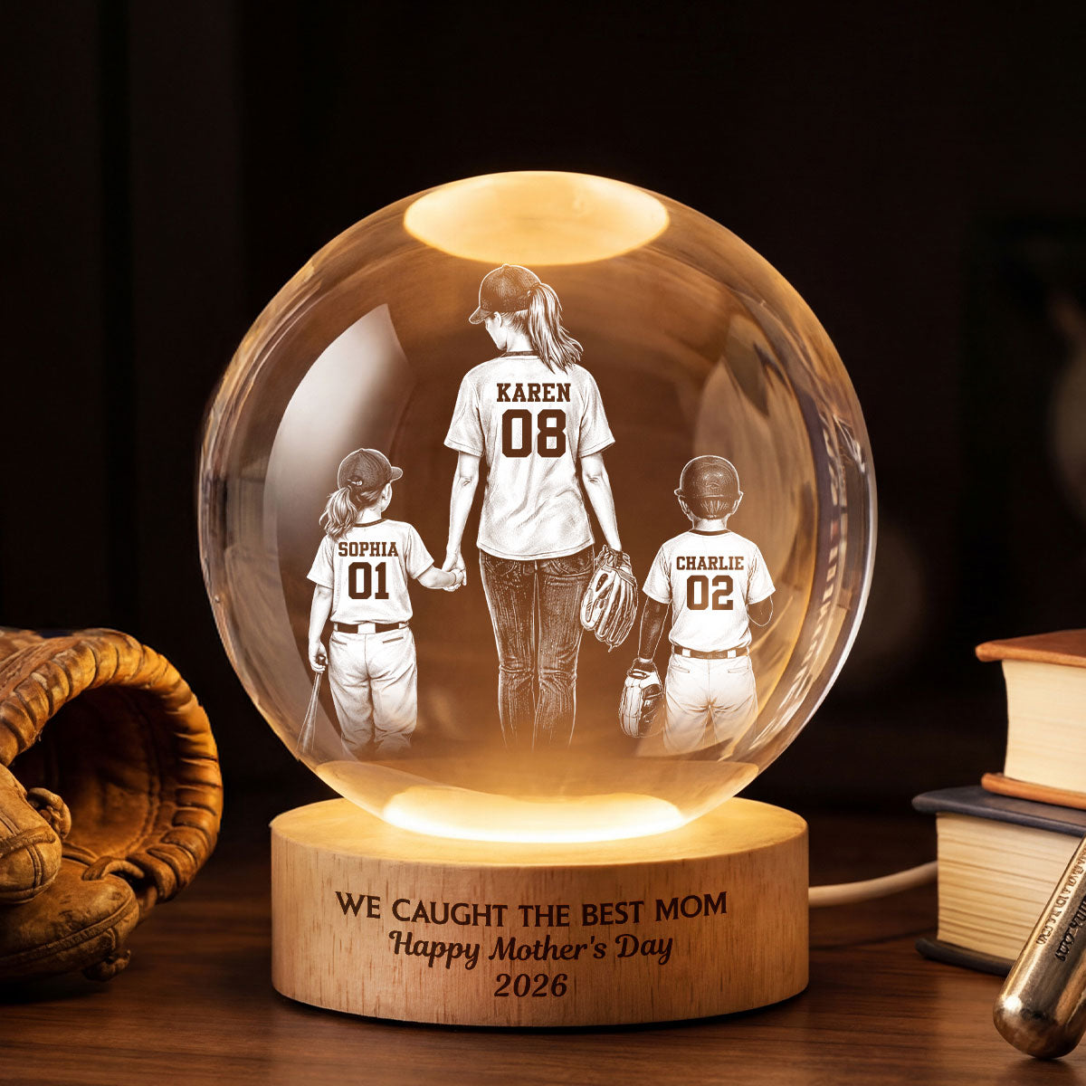 We Caught the Best Mom - Personalized Crystal Ball LED Night Light - Mother's Day Gift for Mom, Wife