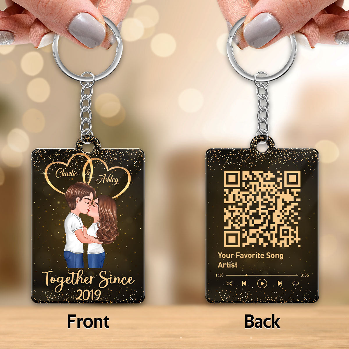 Galaxy Doll Couple Kissing Favorite Song Scannable QR Code Personalized Acrylic Keychain
