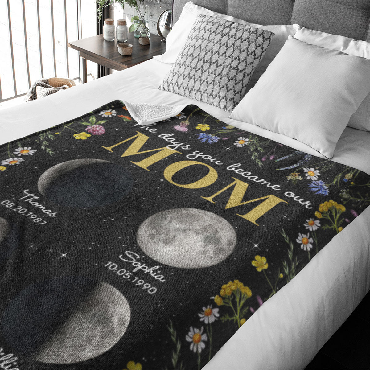 The Day You Became Mom Grandma Custom Birth Moon Phase Floral Personalized Fleece Blanket, Gift