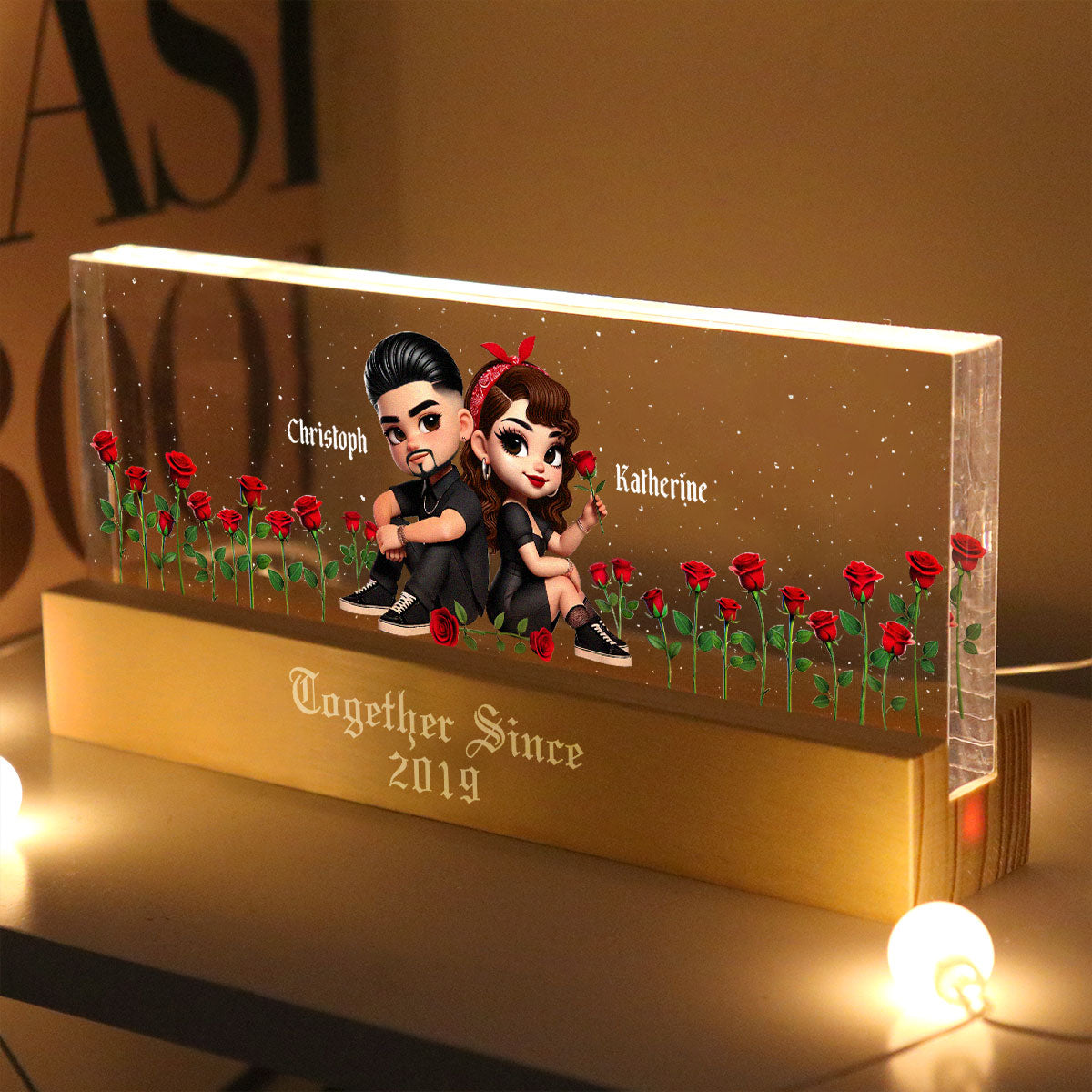 Pretty Couple Roses Heart Together Since Personalized Acrylic Block LED Night Light,  Gift, Anniversary Gift for Couples