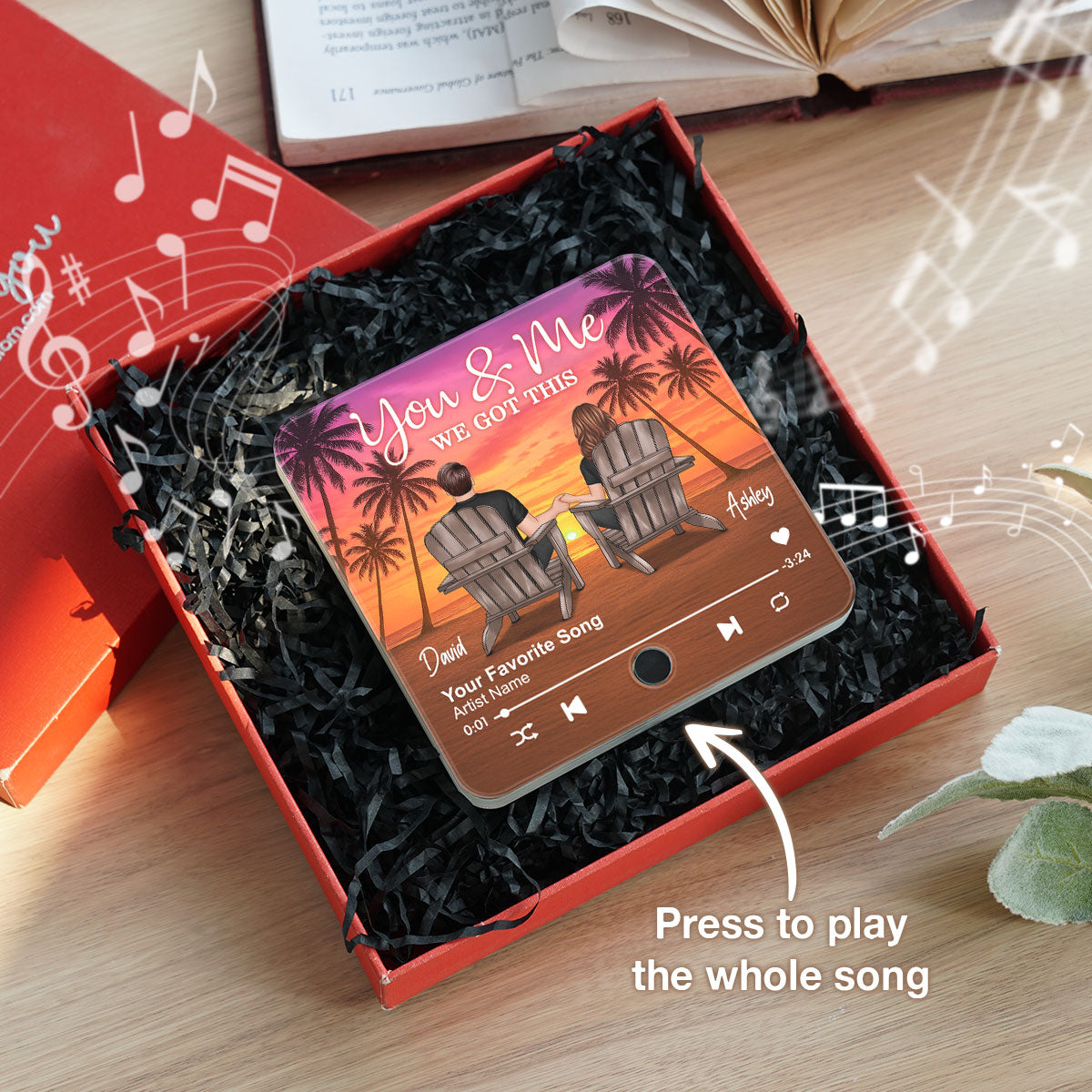 Couple Beach Sunset Under Tree Palm Personalized Music Fridge Magnet, Anniversary gift for him, for her