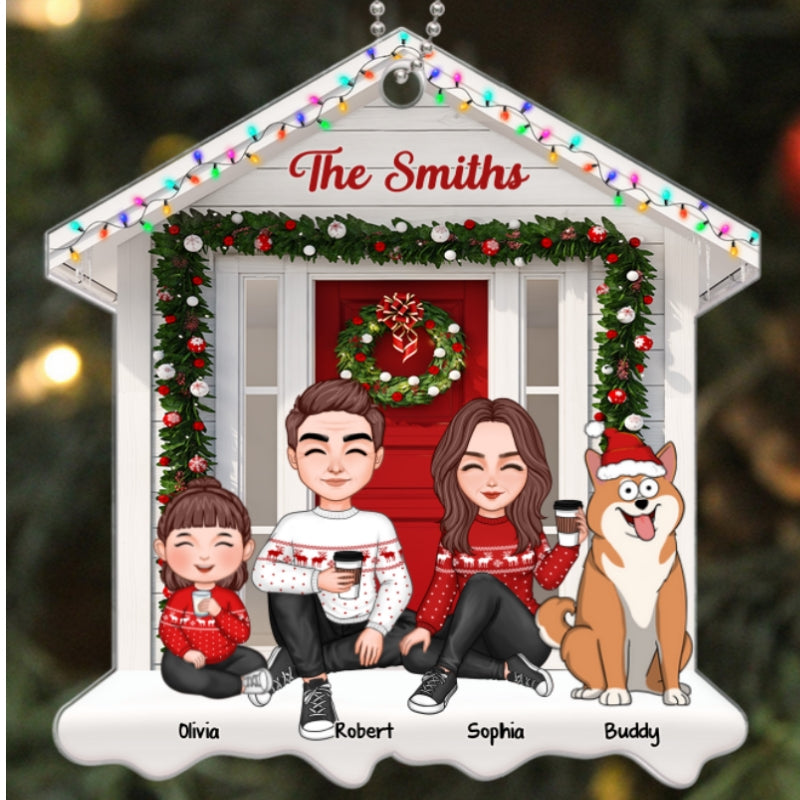 Cute Family Sitting Christmas Front Porch House Shaped Personalized Acrylic Ornament