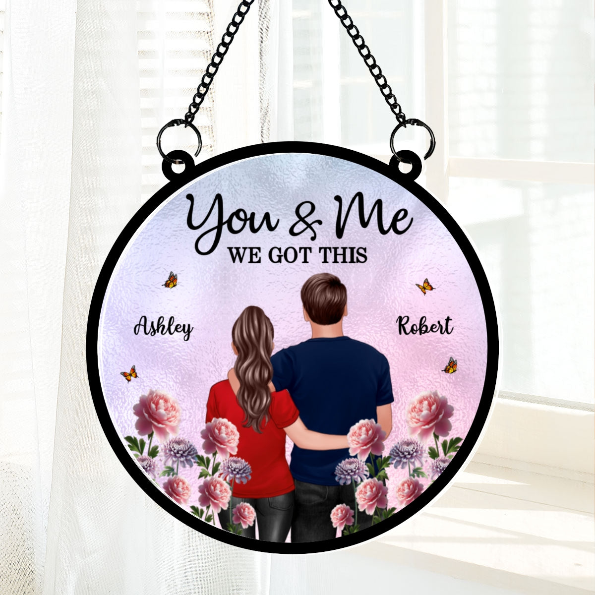 Couple Birth Month Flowers Personalized Suncatcher, Gift For Couple, Gift For Her