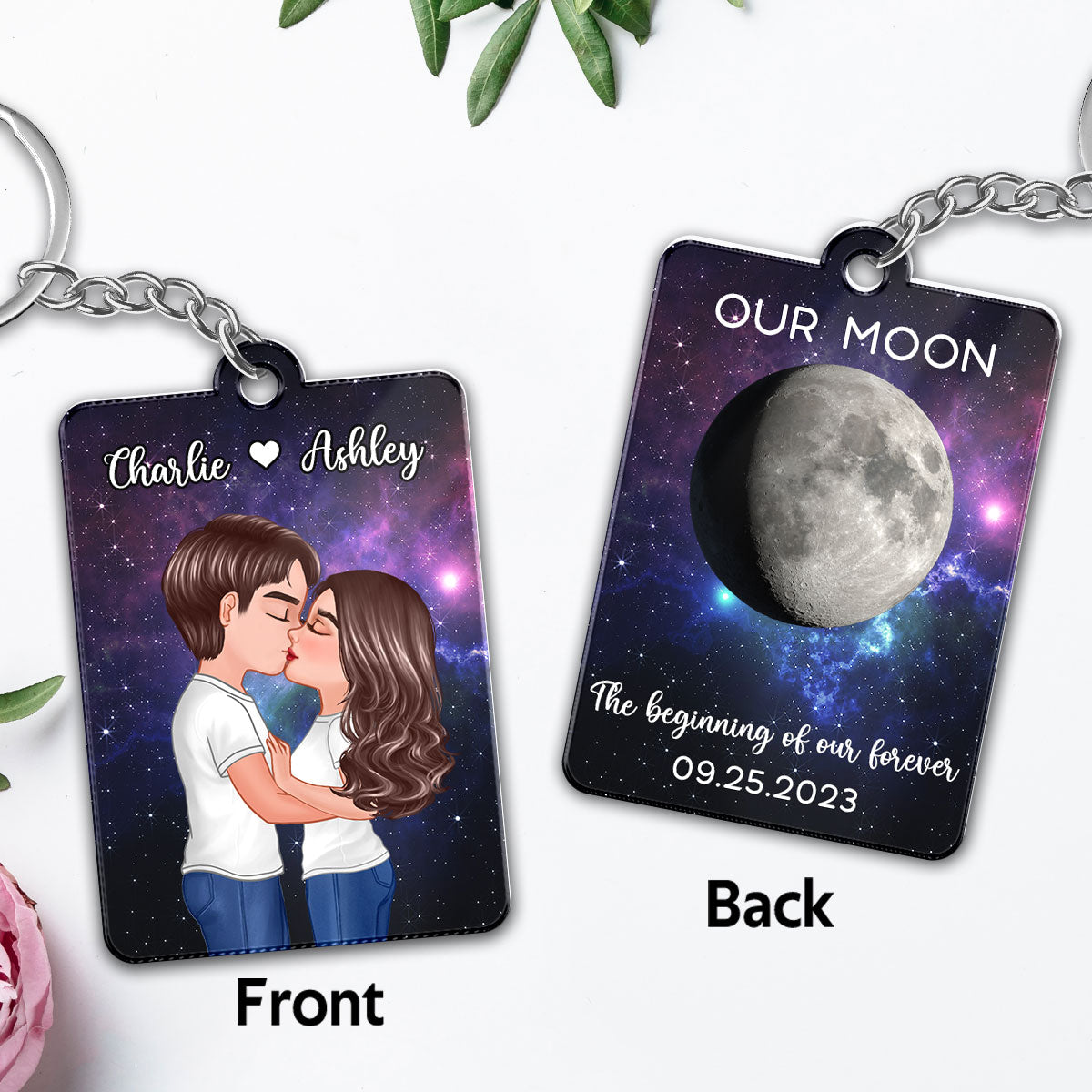 Couple Kissing In Galaxy Night Moon Phase Art Personalized Acrylic Keychain, Gift For Him, For Her