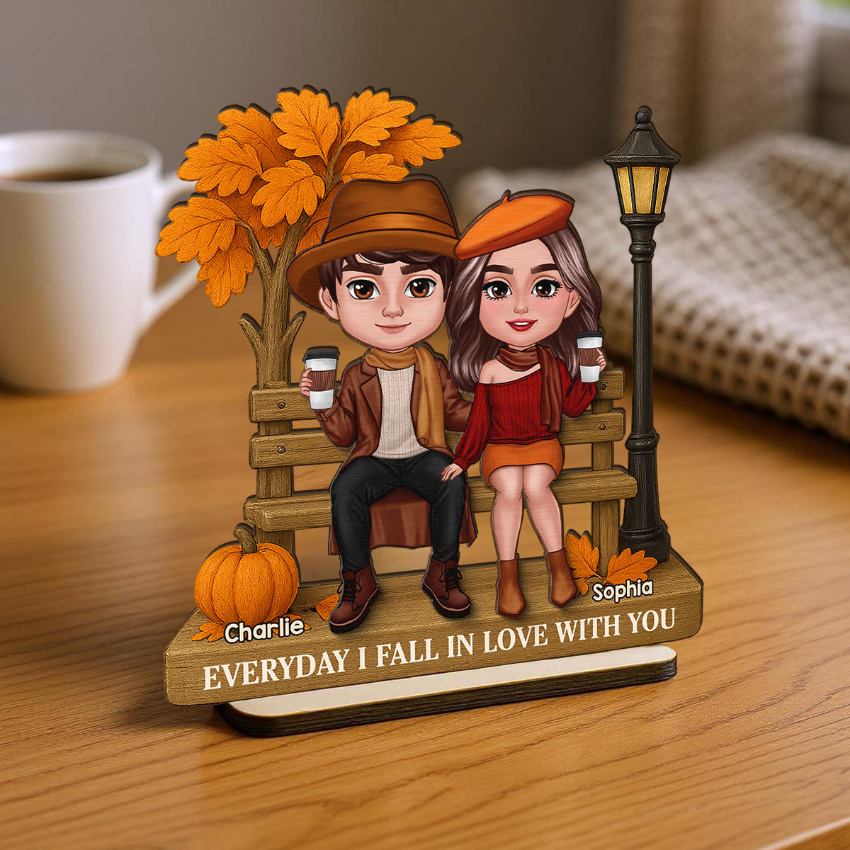 3D Effect Fall Season Couple Sitting On The Bench Personalized 2-Layer Standing Wooden Plaque