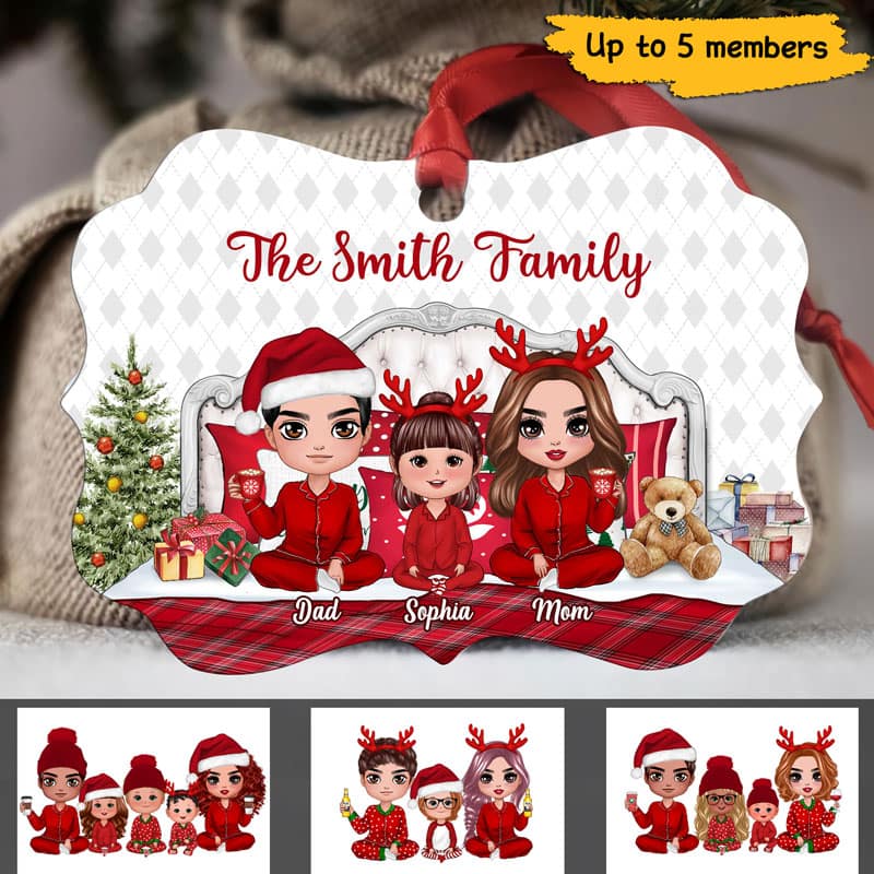 Pajamas Doll Family Sitting On Bed Personalized Christmas Ornament