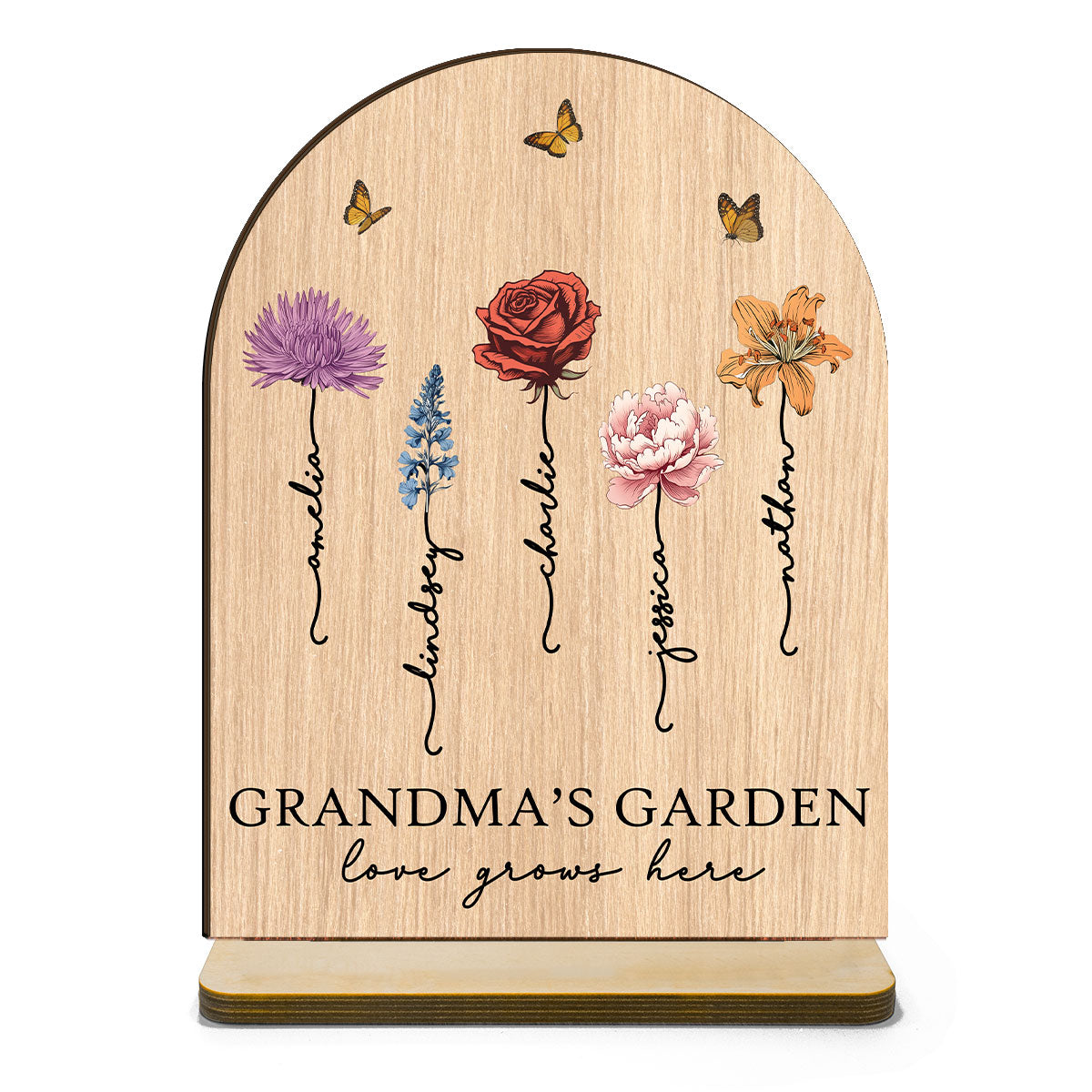 Grandma‘s Garden Love Grows Here Vintage Birth Flower Personalized Standing Wooden Plaque