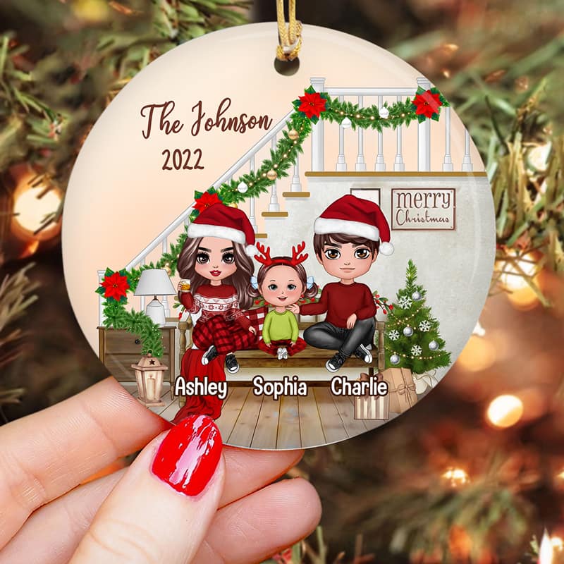 Family Sitting Stairs Christmas Personalized Circle Ornament