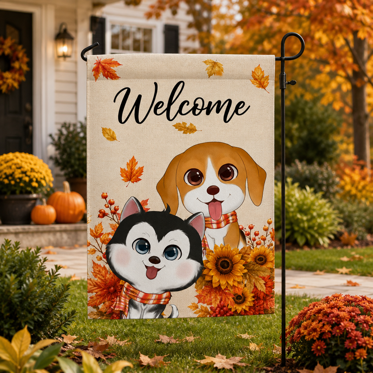 Cute Dogs Welcome - Personalized Garden Flag - Cozy Fall Decor for Dog Lovers