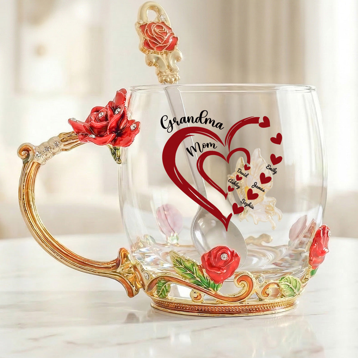 Grandma Mom Heart Custom Kids Names - Personalized Enamel Flower Tea Cup - Gift For Grandma, Mom
