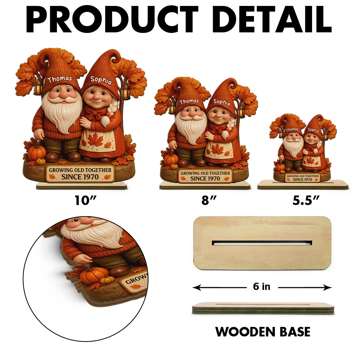 3D Effect Fall Season Gnome Couple Growing Old Together Personalized Standing Wooden Plaque