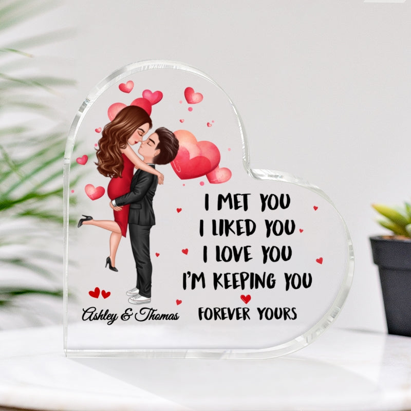 Doll Couple Kissing Hugging I Met You I Love You Personalized Acrylic Heart Plaque - Anniversary Gift For Couple - Gift For Him Gift For Her