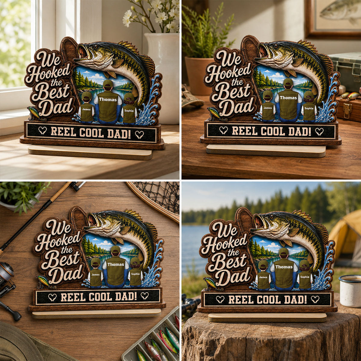 We Hooked The Best Dad Grandpa Back View 2D Flat - Personalized 2-Layered Wooden Plaque - Father's Day Gift For Fishing Lovers