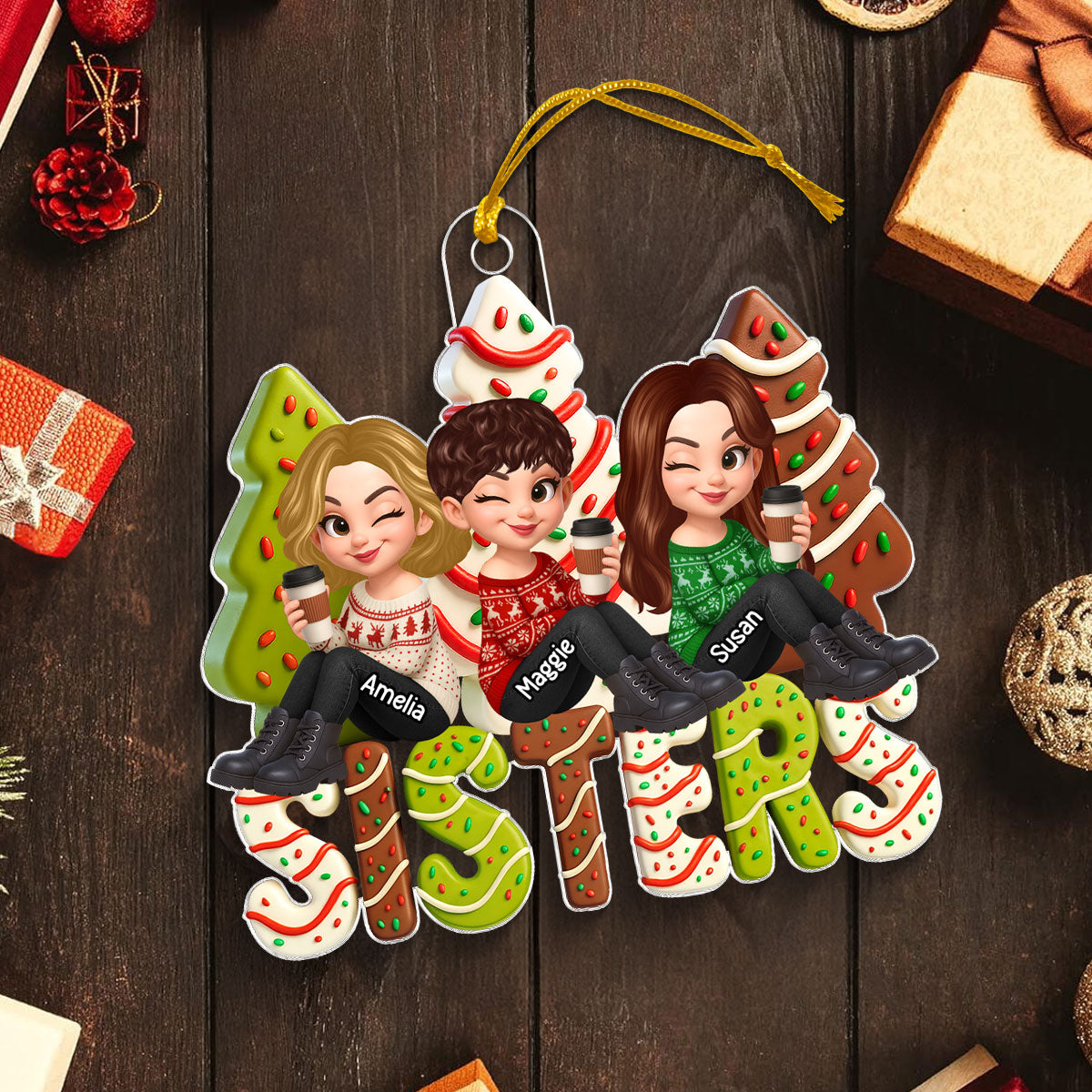 3D Effect Christmas Tree Cake Besties Sisters Personalized Acrylic Ornament, Christmas gift for Besties Sisters
