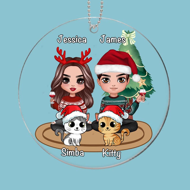Couple Cute Fluffy Cats Sitting Christmas Personalized Acrylic Ornament