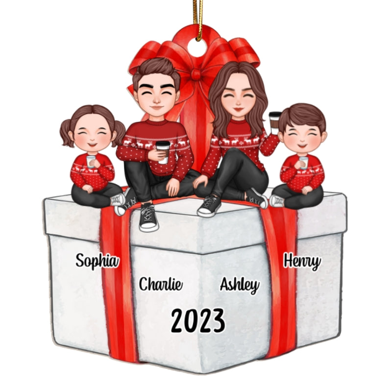 Cute Family Sitting On Christmas Gift Personalized Wooden Ornament