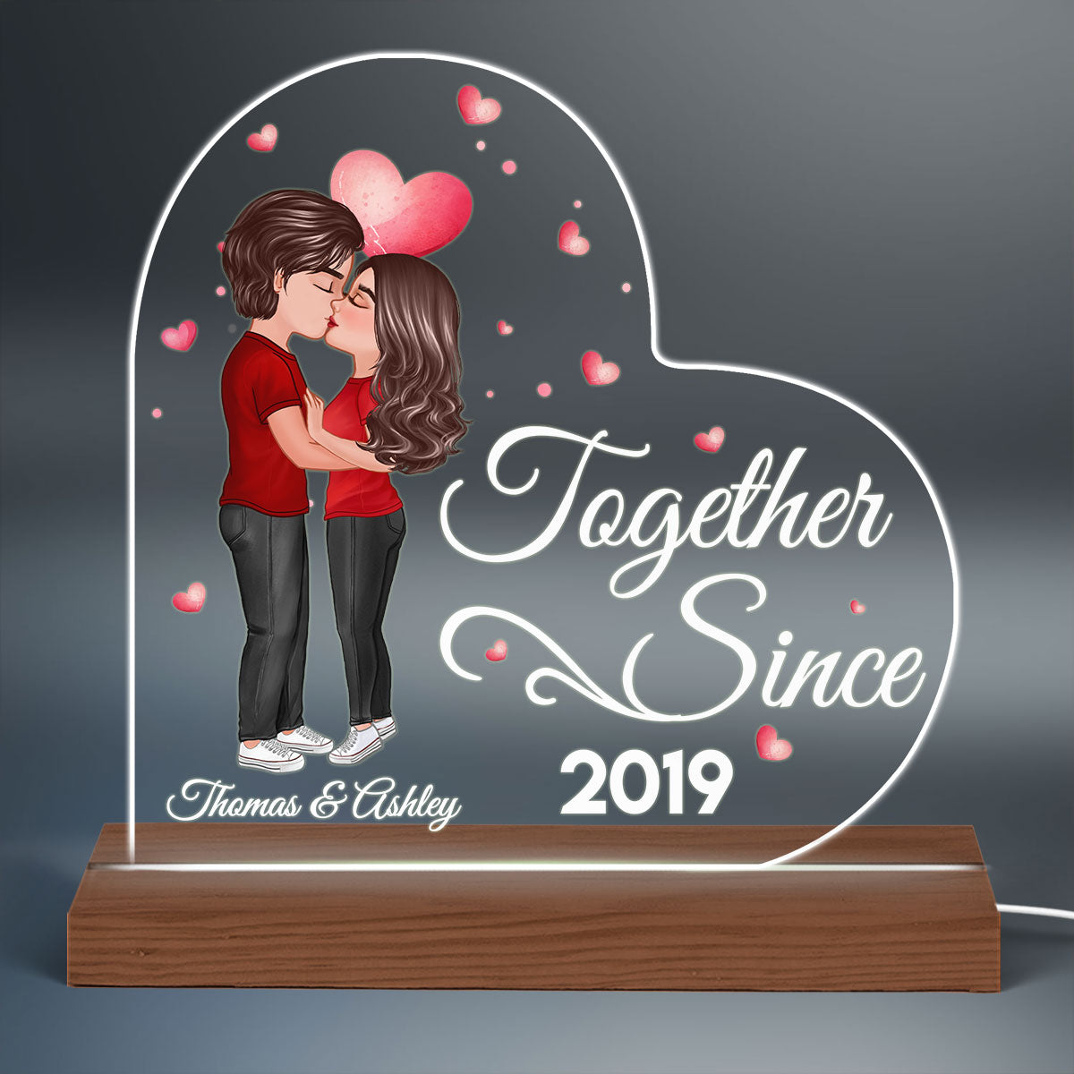 Doll Couple Kissing Together Since Personalized Heart Shaped Acrylic Plaque With LED Night Light - Anniversary Gift For Couple - Gift For Him, Gift For Her