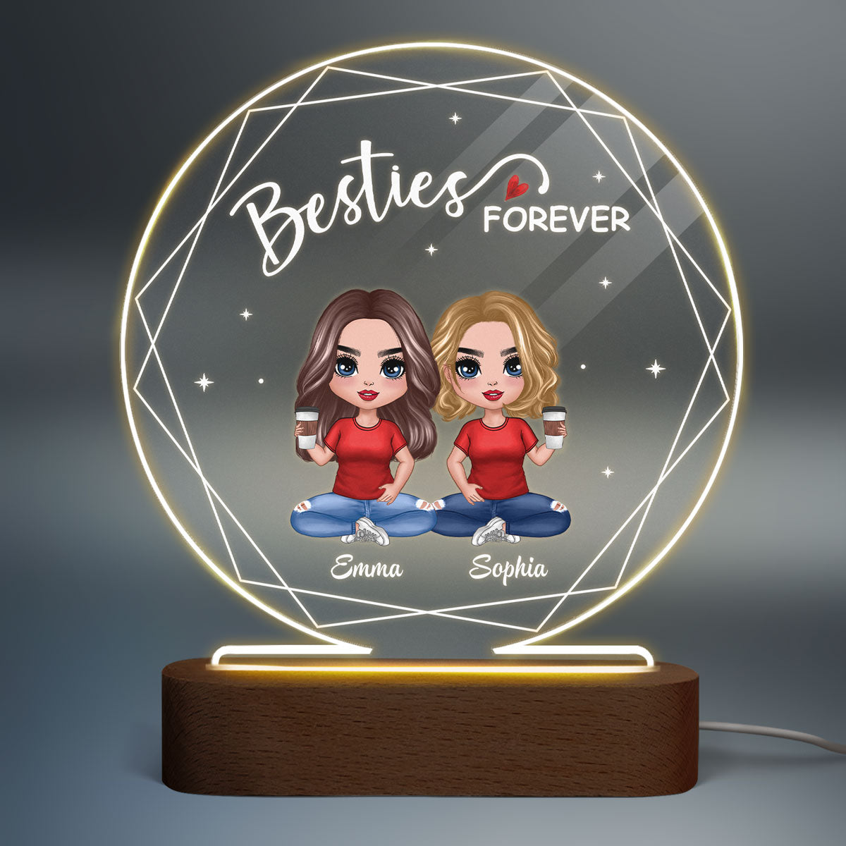 Hexagon Frame Doll Besties Sitting Personalized Circle Acrylic Plaque LED Lamp Night Light