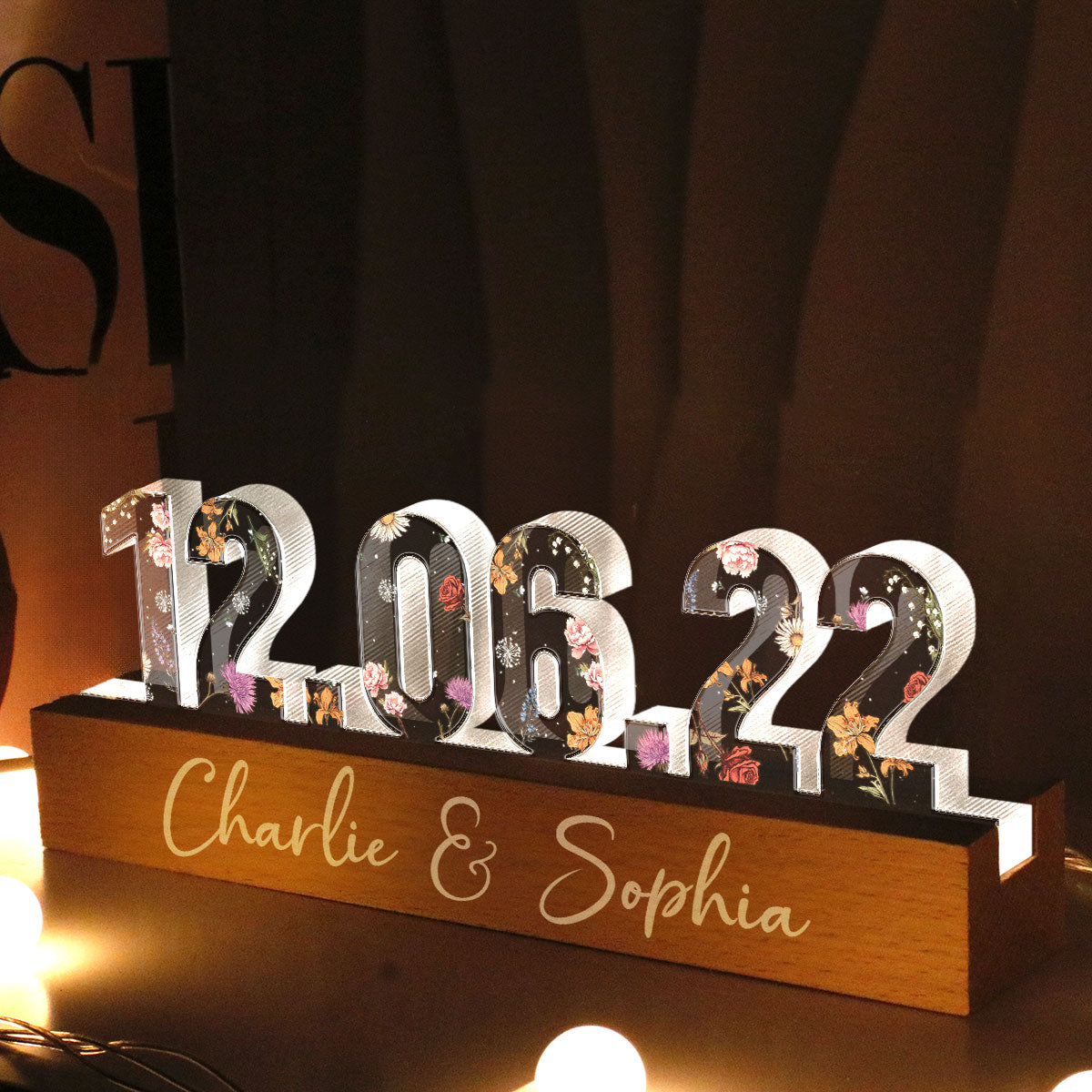 Custom Flower Printed LED Night Light, Couple Engagement Anniversary Date, Gift for her, Gift for him