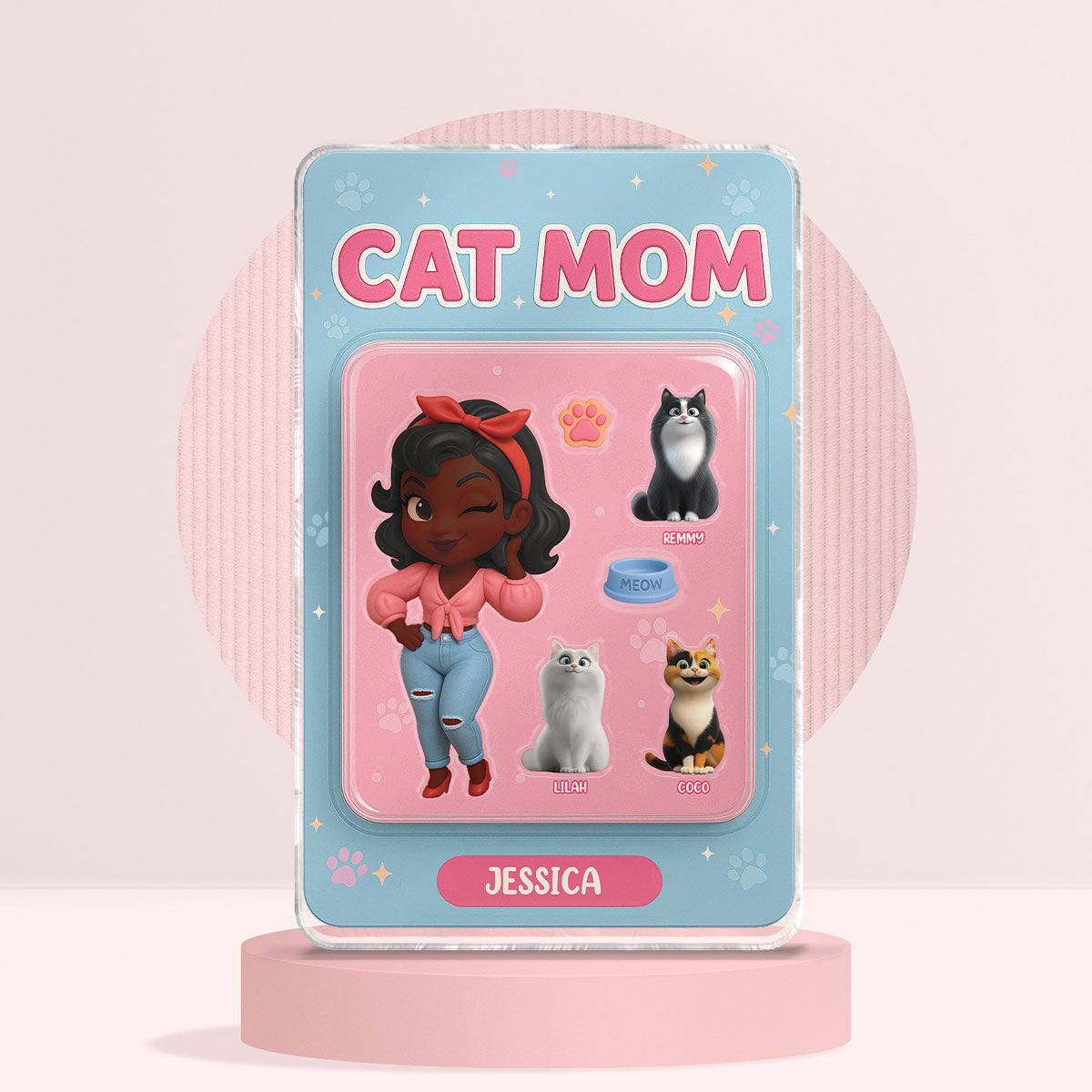 Cat Mom Custom Figure Cute Cartoon Cats Personalized Acrylic Block Plaque, Gift for Cat Mom