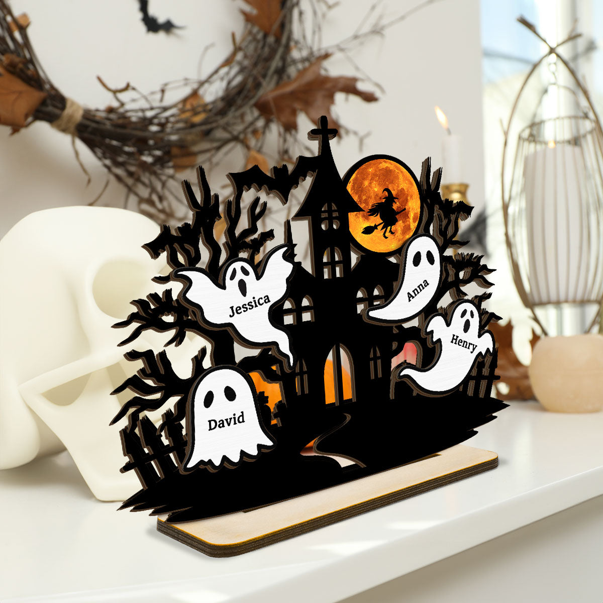 Halloween House Boo Family Personalized 2-Layer Standing Wooden Plaque