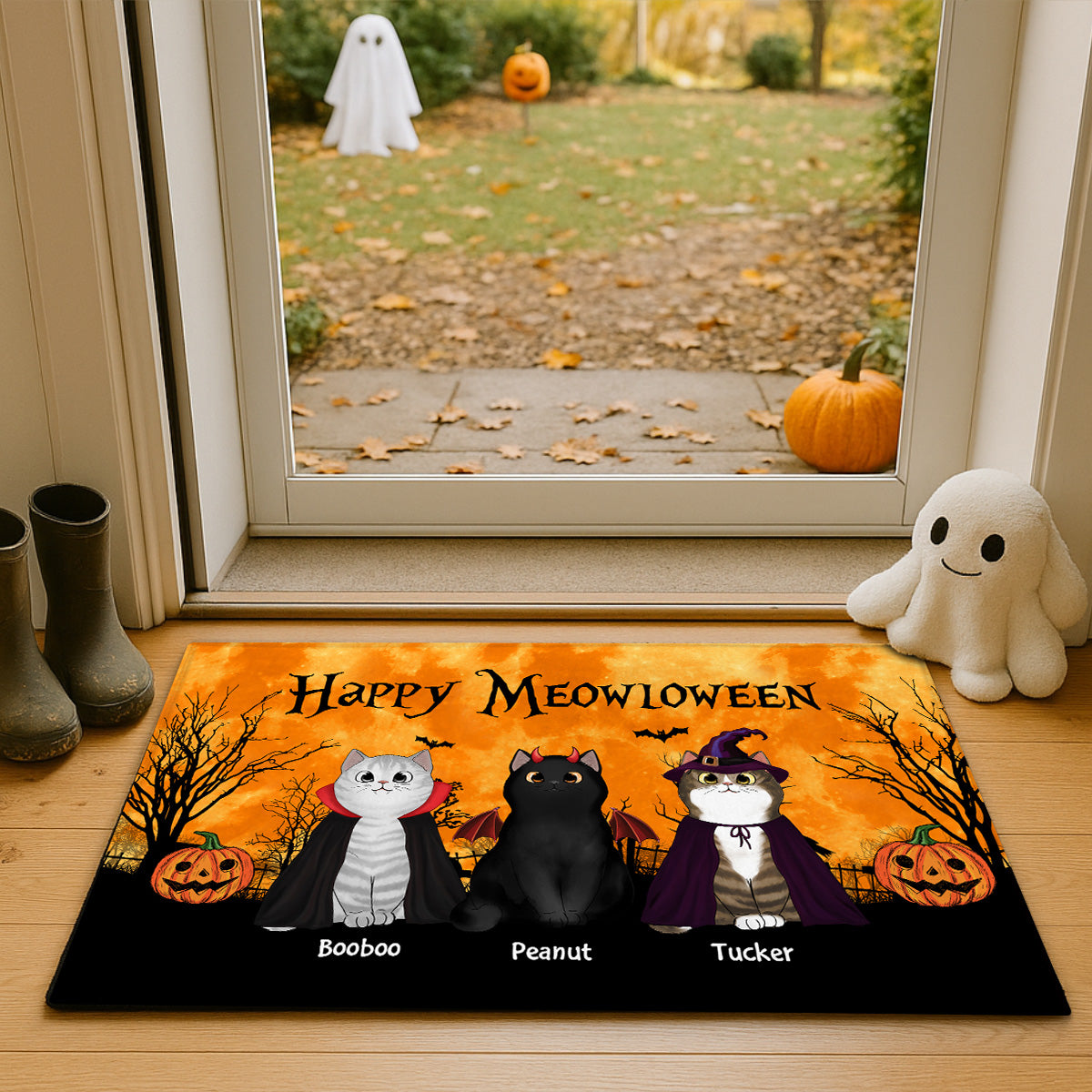 Happy Meowloween Halloween Moon Light Bat Tree Spooky Cat Personalized Doormat, Purrfect Decor for Cat Lover